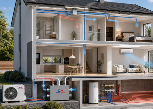Spaccato di una casa con pompa di calore, climatizzazione e riscaldamento a pavimento